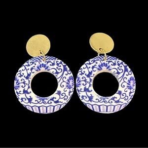 Myelo Hoop Earrings Blue Gold Patterned NEW